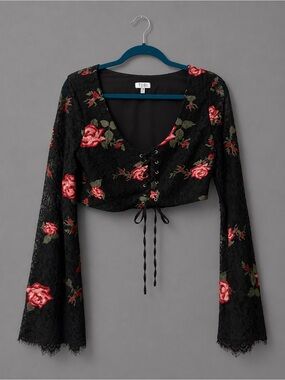 Tobi Black Floral Embroidered Lace-Up Crop Top Bell Sleeve Size Medium